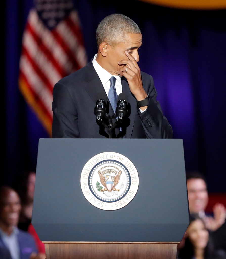 U.S. President Barack Obama wipes away a tear as he delivers a farewell address at McCormick Place in Chicago, Illinois, U.S. January 10, 2017. REUTERS/John Gress